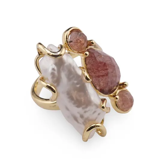 Inel reglabil auriu cu Perla de cultura si Aventurin rosu, imagine 2