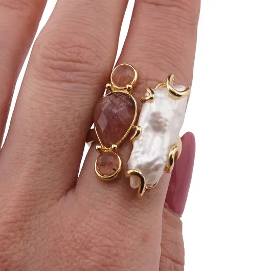 Inel reglabil auriu cu Perla de cultura si Aventurin rosu, imagine 3