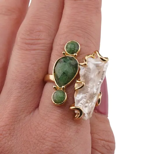 Inel reglabil auriu cu Perla de cultura si Rubin in zoisit, imagine 3