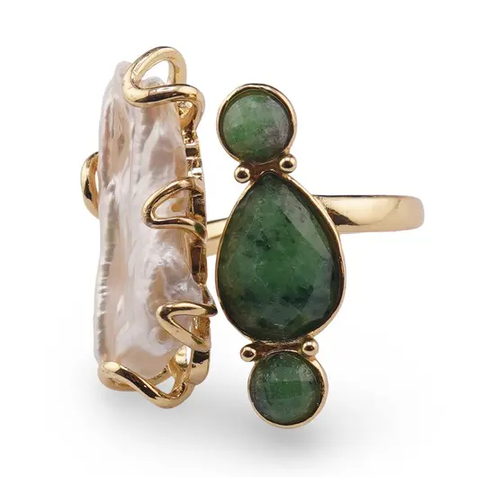 Inel reglabil auriu cu Perla de cultura si Rubin in zoisit