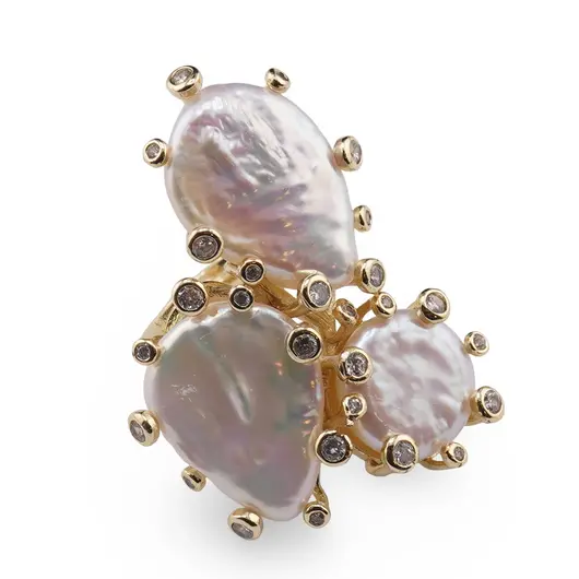 Inel reglabil auriu cu trei Perle de cultura si Zirconiu