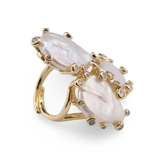 Inel reglabil auriu cu trei Perle de cultura si Zirconiu, imagine 2