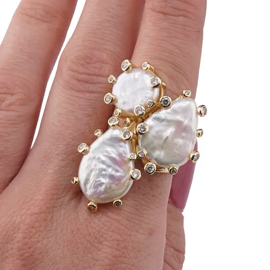 Inel reglabil auriu cu trei Perle de cultura si Zirconiu, imagine 4