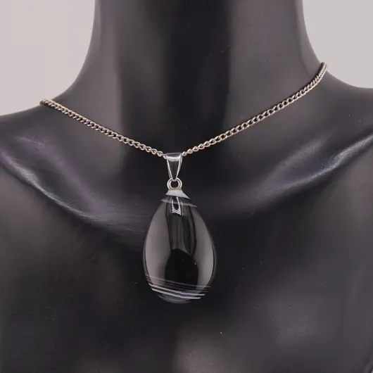 Pandantiv Agat negru lacrima bombata, 32mm, imagine 2