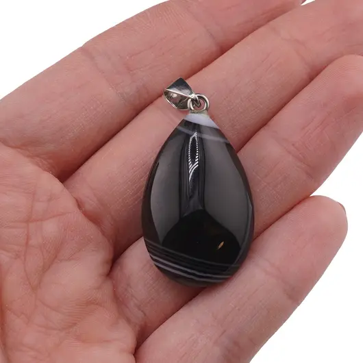 Pandantiv Agat negru lacrima bombata, 32mm, imagine 3