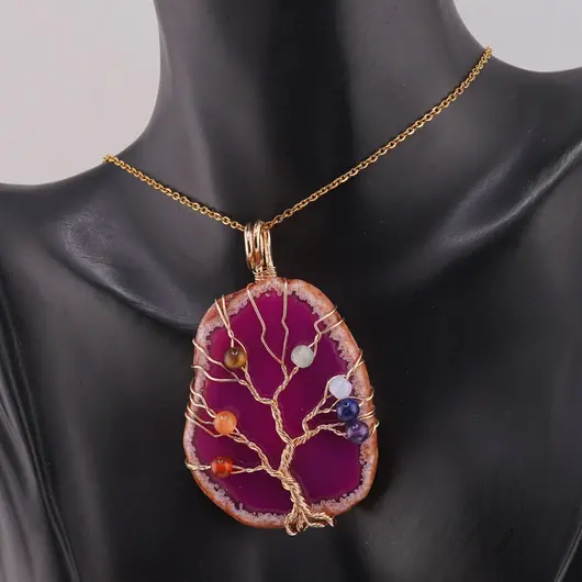 Pandantiv Agat roz felie si Copacul vietii cu 7 chakre, imagine 2