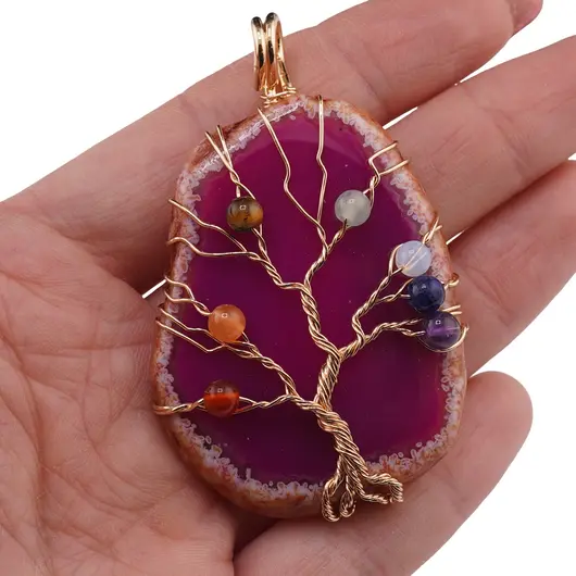 Pandantiv Agat roz felie si Copacul vietii cu 7 chakre, imagine 3