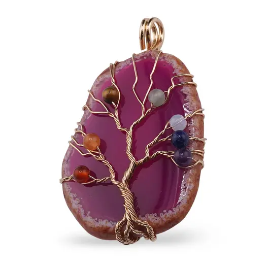 Pandantiv Agat roz felie si Copacul vietii cu 7 chakre