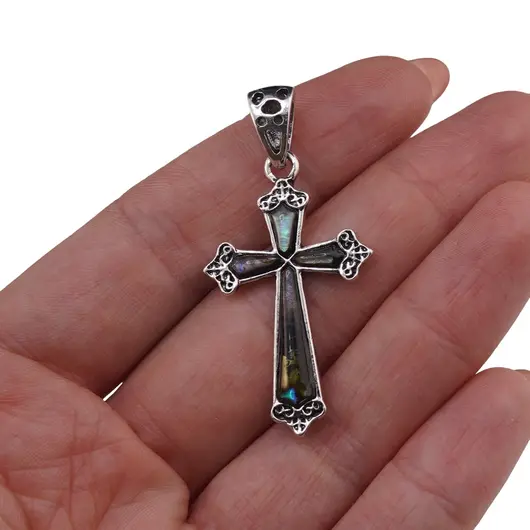 Pandantiv cruce din Scoica Abalone si montura argintie, 45mm, imagine 3