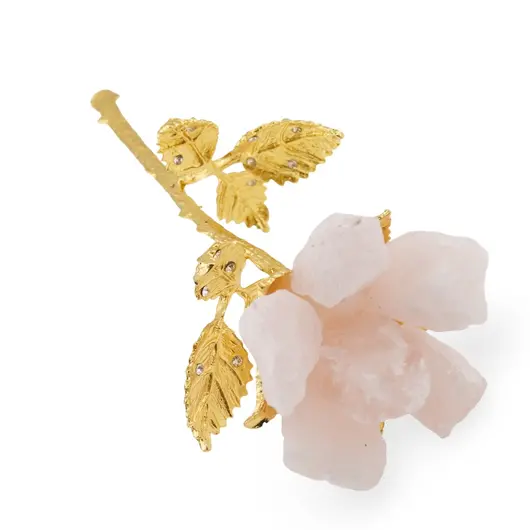 Trandafir Cuart roz brut si metal auriul, 21cm, imagine 2