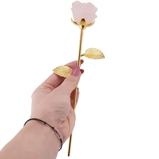 Trandafir din metal auriu si Cuart roz, 24cm, imagine 3
