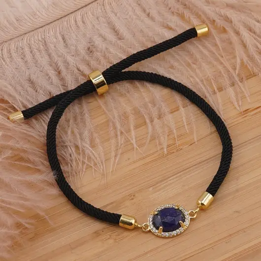 Bratara Lapis lazuli oval cu montura aurie, 12mm, imagine 2