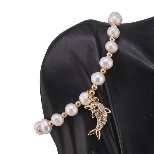 Bratara Perle de cultura albe, bumbi aurii si charm delfin, imagine 2