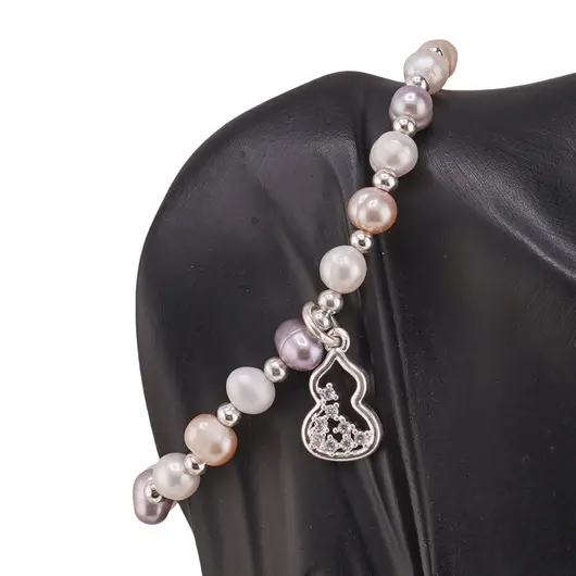 Bratara Perle de cultura multicolore, bumbi argintii si charm Wu lou, imagine 2