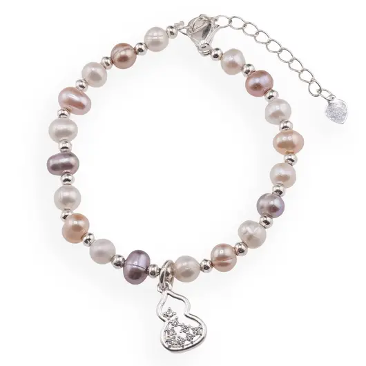 Bratara Perle de cultura multicolore, bumbi argintii si charm Wu lou