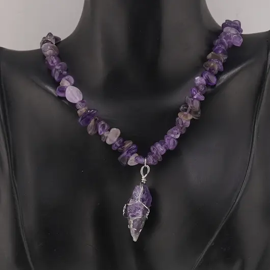 Colier Ametist pietre chips si pandantiv cristal brut, imagine 2