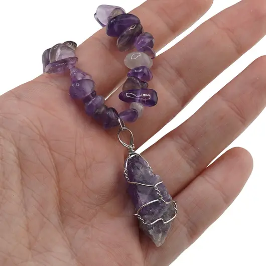 Colier Ametist pietre chips si pandantiv cristal brut, imagine 3