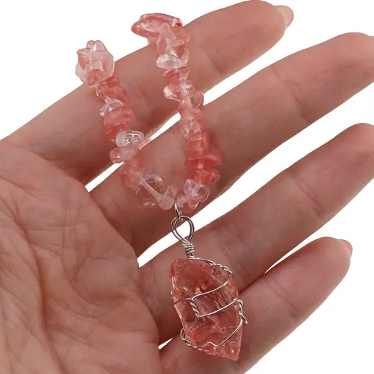 Colier Cuart cherry pietre chips si pandantiv cristal brut, imagine 3