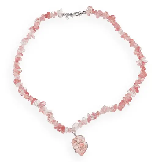 Colier Cuart cherry pietre chips si pandantiv cristal brut