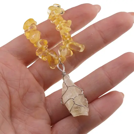 Colier Cuart galben pietre chips si pandantiv cristal brut, imagine 3