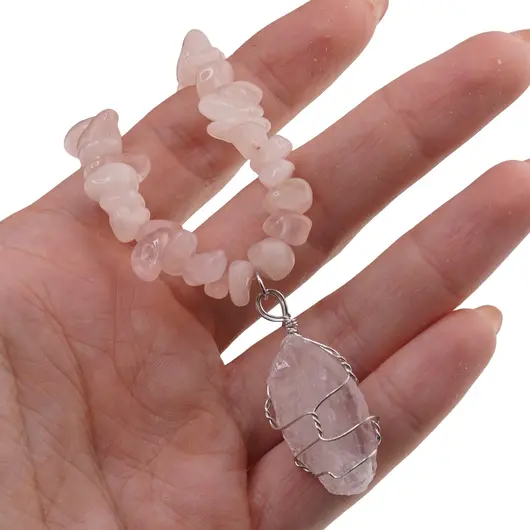 Colier Cuart roz pietre chips si pandantiv cristal brut, imagine 3