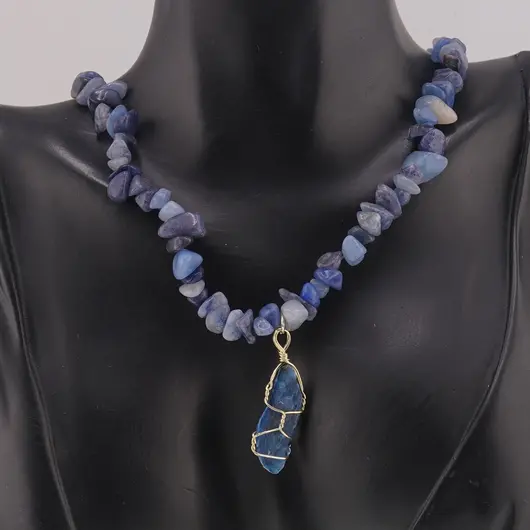 Colier Kianit pietre chips si pandantiv cristal brut, imagine 2