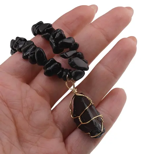 Colier Obsidian pietre chips si pandantiv cristal brut, imagine 3