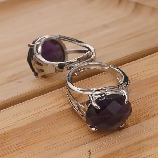 Inel reglabil Ametist rotund fatetat si montura argintie, 16mm, imagine 2