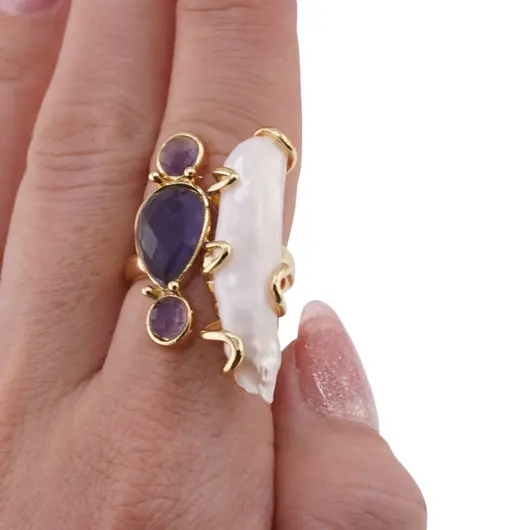 Inel reglabil auriu cu Perla de cultura si Fluorit, imagine 3