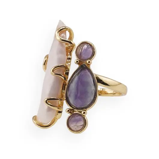 Inel reglabil auriu cu Perla de cultura si Fluorit