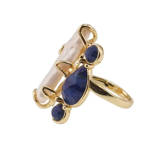 Inel reglabil auriu cu Perla de cultura si Lapis lazuli, imagine 2
