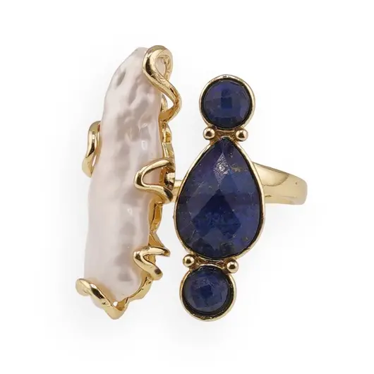 Inel reglabil auriu cu Perla de cultura si Lapis lazuli