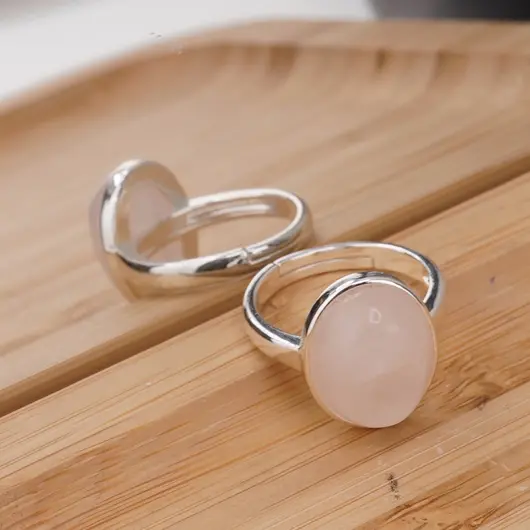 Inel reglabil Cuart roz oval si montura argintie, 18mm, imagine 2