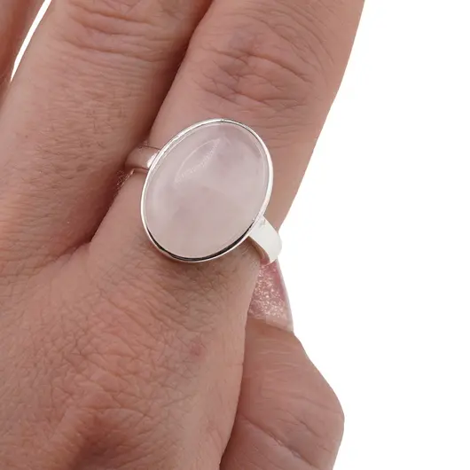 Inel reglabil Cuart roz oval si montura argintie, 18mm, imagine 3