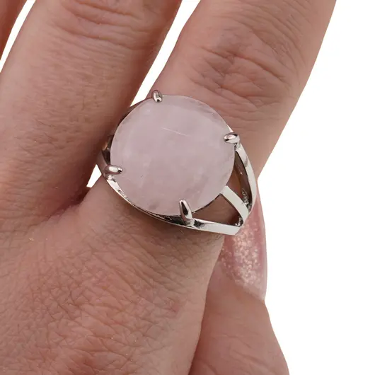 Inel reglabil Cuart roz rotund fatetat si montura argintie, 16mm, imagine 3