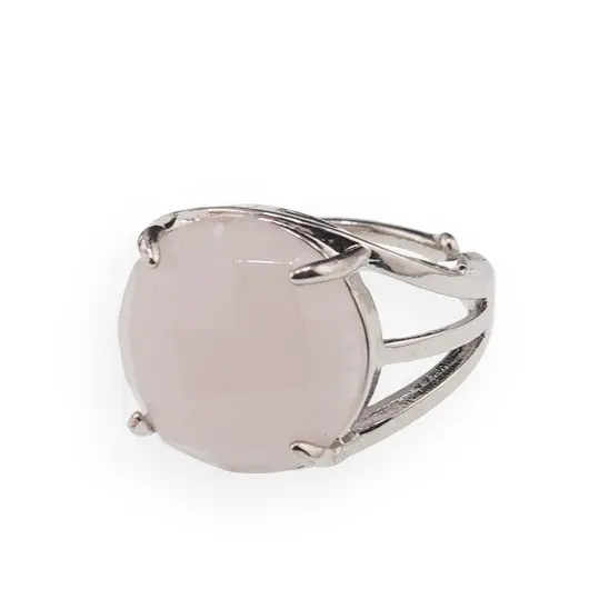 Inel reglabil Cuart roz rotund fatetat si montura argintie, 16mm