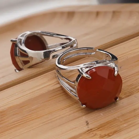 Inel reglabil Jasp rosu rotund fatetat si montura argintie, 16mm, imagine 2
