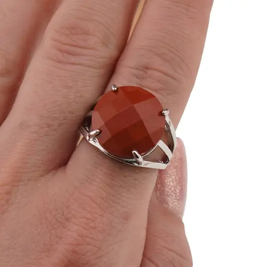 Inel reglabil Jasp rosu rotund fatetat si montura argintie, 16mm, imagine 3