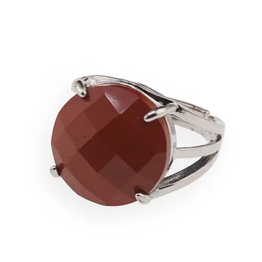 Inel reglabil Jasp rosu rotund fatetat si montura argintie, 16mm