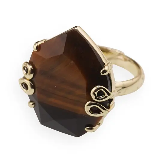 Inel reglabil Ochi de tigru fatetat si montura aurie, 23mm