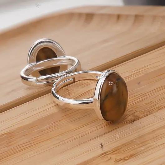 Inel reglabil Ochi de tigru oval si montura argintie, 18mm, imagine 2