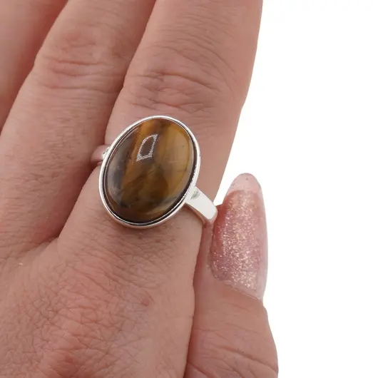 Inel reglabil Ochi de tigru oval si montura argintie, 18mm, imagine 3