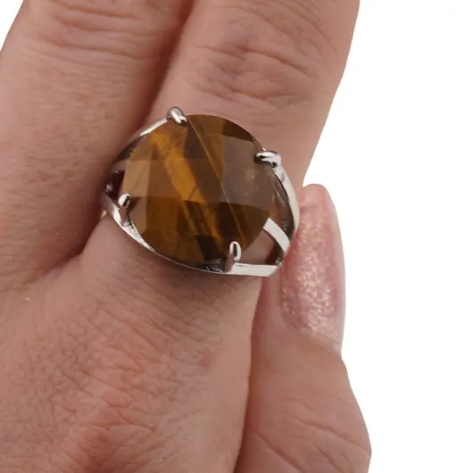 Inel reglabil Ochi de tigru rotund fatetat si montura argintie, 16mm, imagine 3