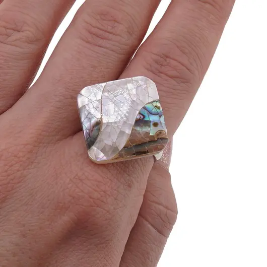 Inel reglabil romb cu sidef si scoica abalone mozaic, imagine 3