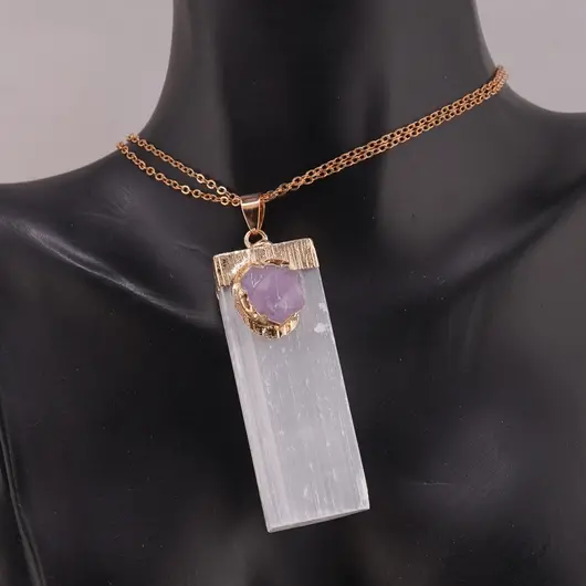 Pandantiv bagheta de Selenit si Ametist cu montura aurie, 54mm, imagine 2