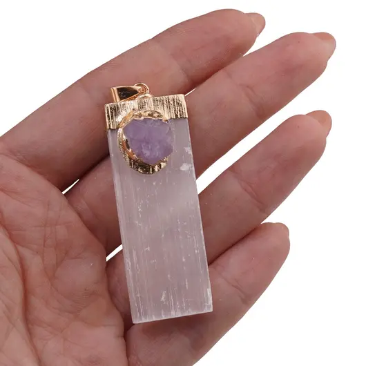 Pandantiv bagheta de Selenit si Ametist cu montura aurie, 54mm, imagine 3