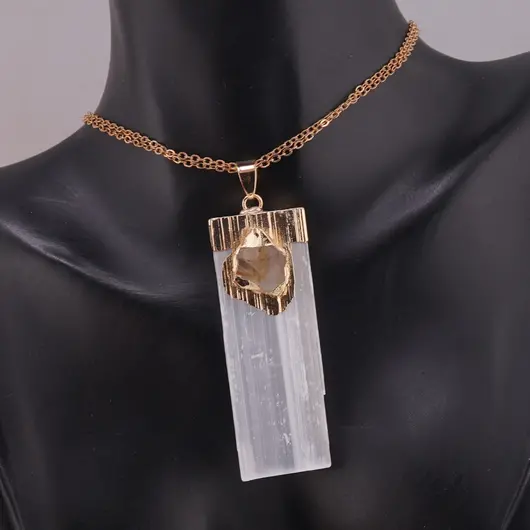 Pandantiv bagheta de Selenit si Citrin cu montura aurie, 54mm, imagine 2