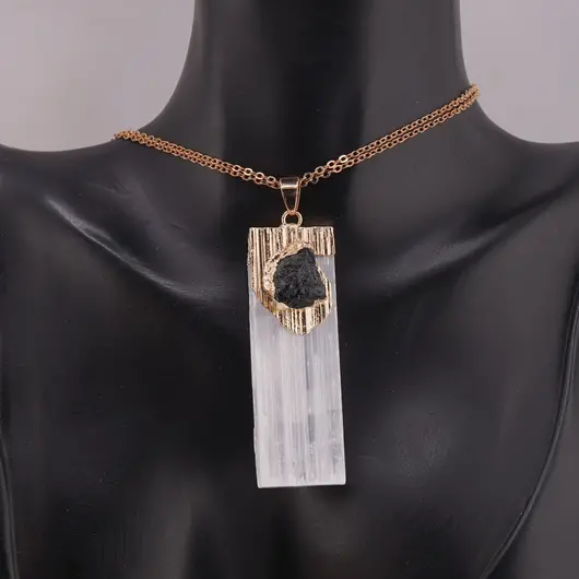 Pandantiv bagheta de Selenit si Turmalina cu montura aurie, 54mm, imagine 2