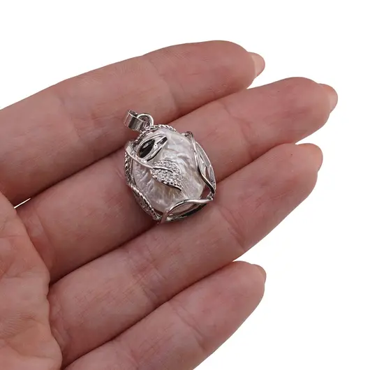 Pandantiv Perle de cultura si montura argintie model frunza, 22mm, imagine 3