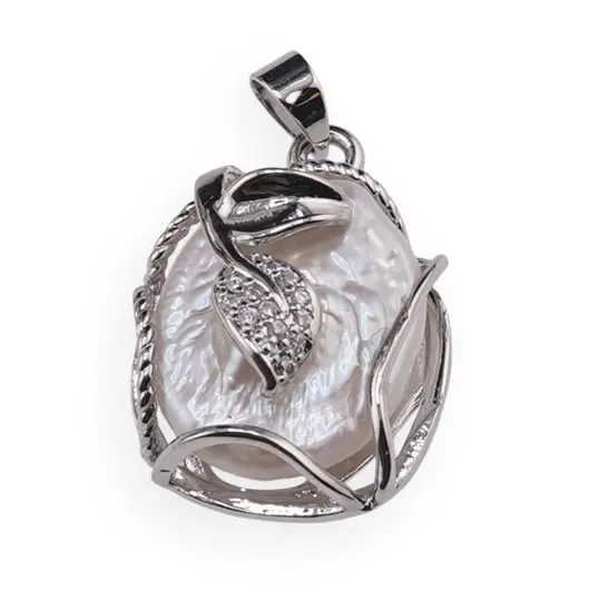 Pandantiv Perle de cultura si montura argintie model frunza, 22mm